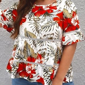 Floral Print Flounce Sleeve Peplum Blouse